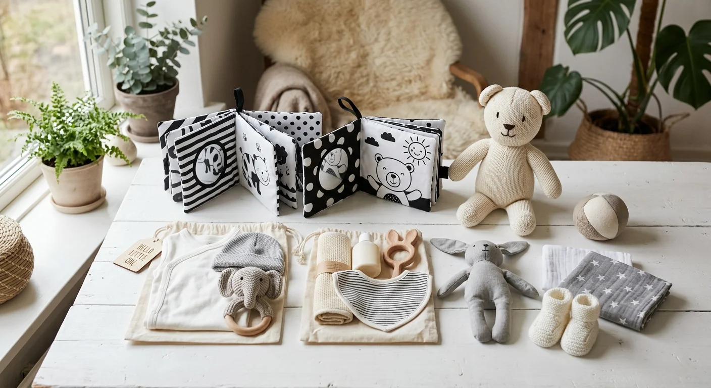 Barselsgaver til baby i forskellige prisklasser — stofbøger, gavesæt og babynests