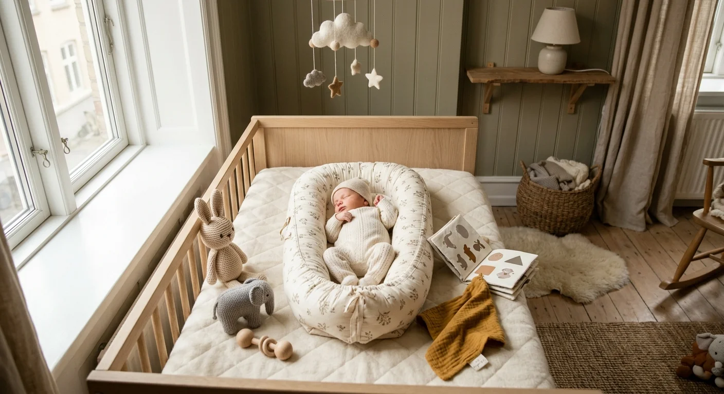 Nyfødt baby omgivet af gavesæt, babynest og stofbøger — barselsgaver til baby