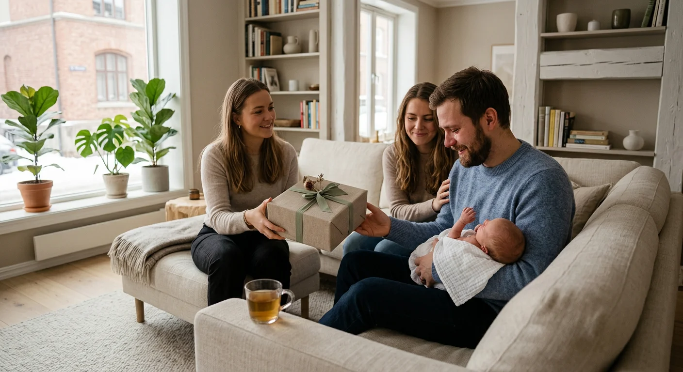 Nybagt far modtager barselsgave — mand med baby og gavepakke
