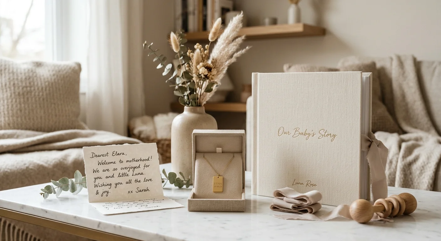 Personlige barselsgaver til mor — halskæde, fotoalbum og gavekurv