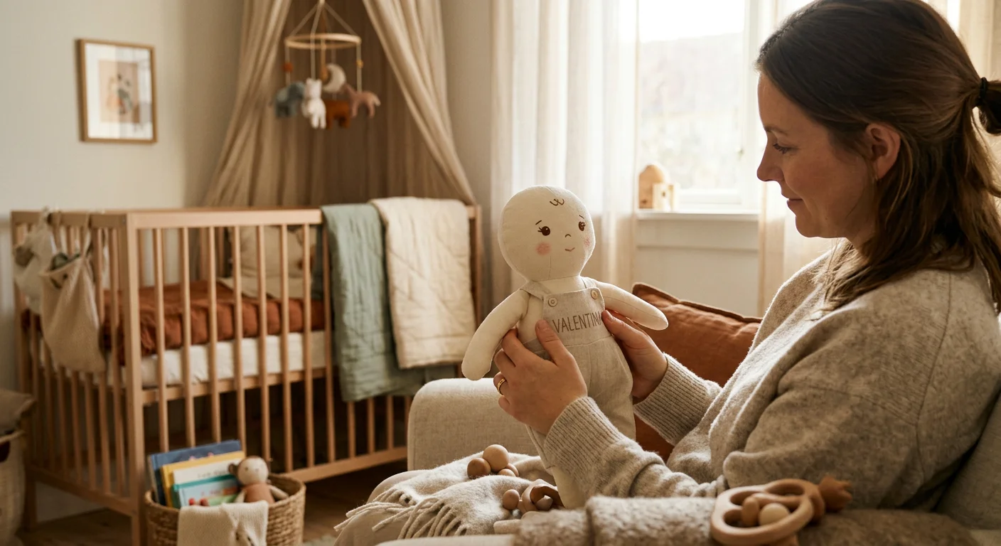 Blød nusseklud og babygave på sengebord — varme barselsgaver til den nyfødte og familien