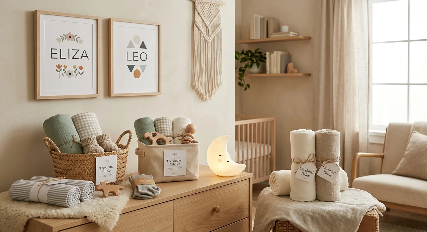 Oversigt over barselsgaver til tvillinger i forskellig prisklasse — gavekurv, plakater og praktiske babygaver