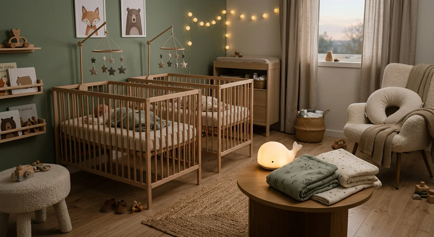 Praktiske barselsgaver til tvillinger — natlampe, muslinsvøb og gavesæt arrangeret på babyværelse