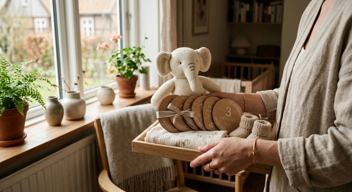 Tankefulness ved valg af barselsgave — babygaver på bord med milestone-kort og gavekurv