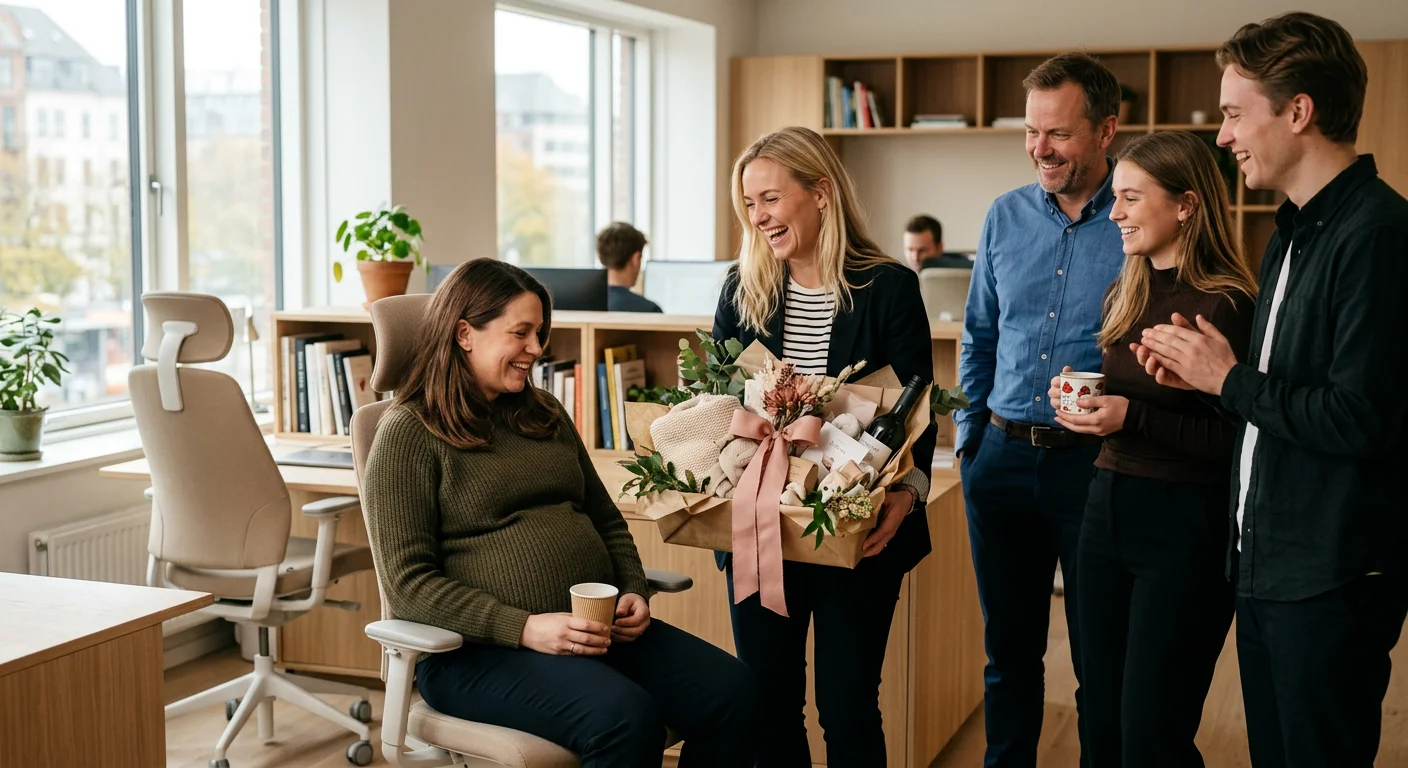 Barselsgave fra kollegaer — luksus gavekurv til mor, far og baby klar til overrækning