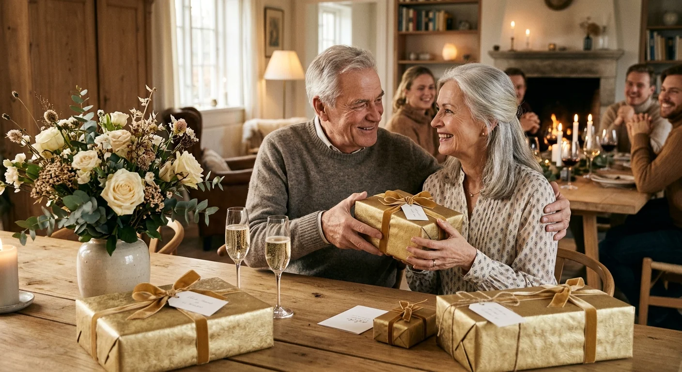Par fejrer guldbryllup med gaver og blomster — 50 års bryllupsdag