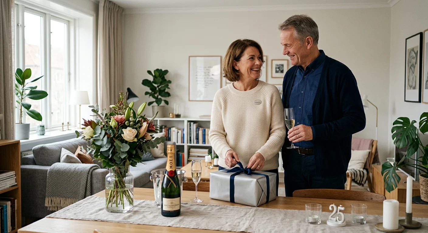 Par fejrer sølvbryllup med champagne og blomster — 25 års bryllupsdag