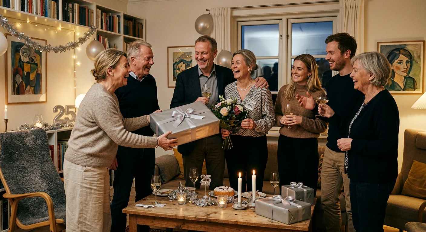 Fællesgave til sølvbryllup — par modtager gave omgivet af familie og venner