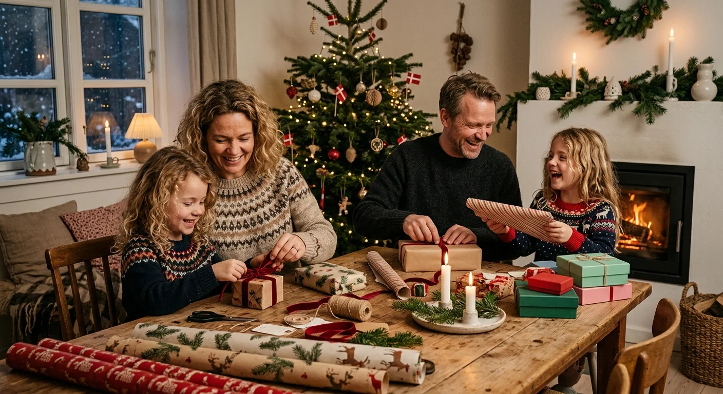 Familie der pakker julegaver ind ved et hyggeligt juletræ med lys og pynt