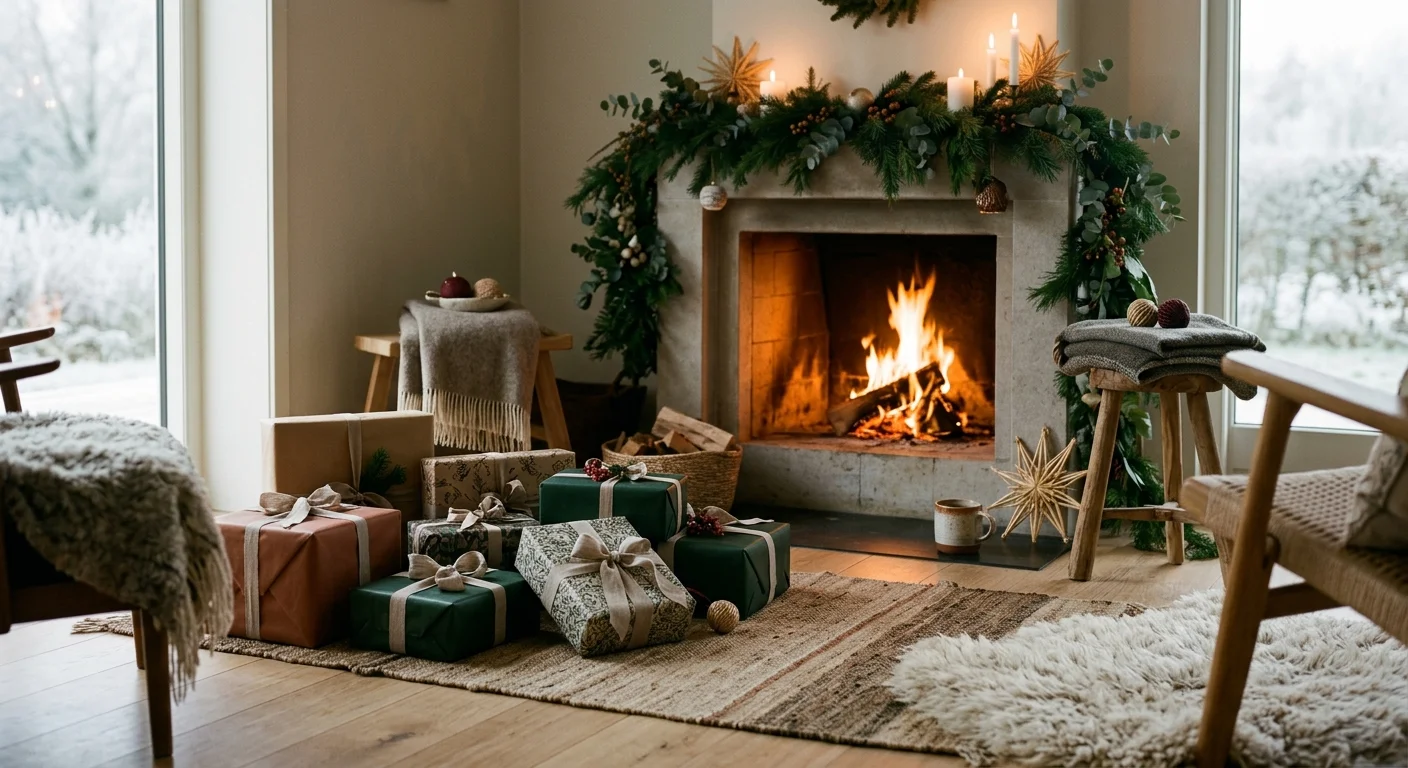 Julestemning med pakker, grantræsgrene og stearinlys på et bord klar til juleaften
