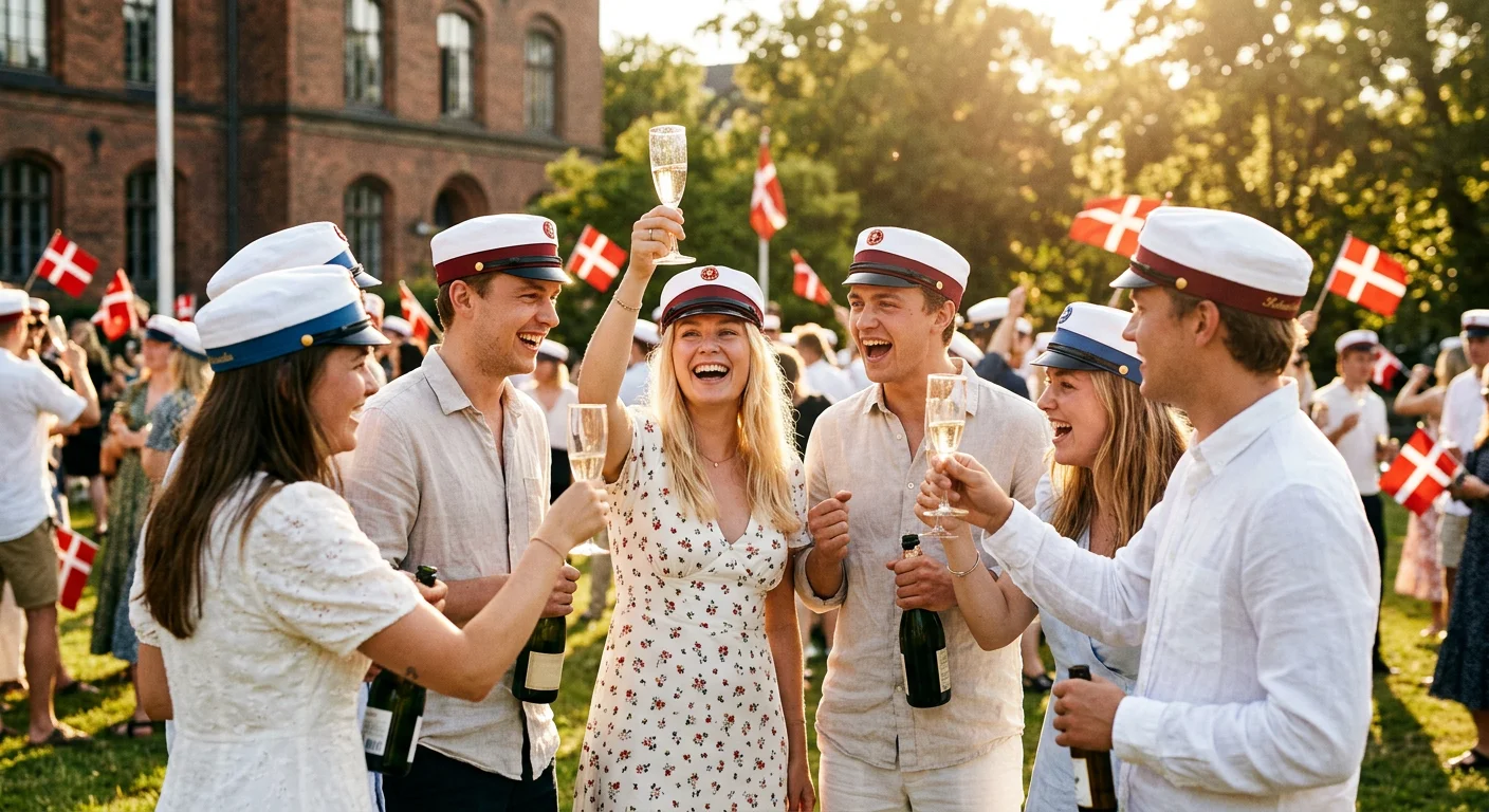 Studenter i sommersol med hatte og flag — fejring af den store dag med gaver og champagne